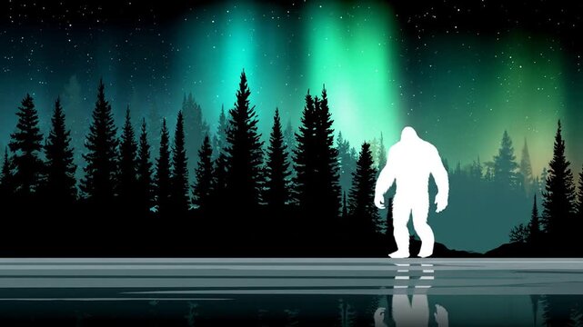 A Bigfoot silhouette in a forested scene, with aurora borealis shining above reflective water