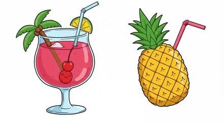Refreshing tropical drinks illustration pineapple cocktail juice with straws isolated