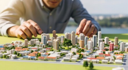 Fototapeta premium Person Building Miniature City Model with Tall Buildings Trees and Green Spaces in Outdoor Setting