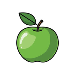 Illustration of a green apple with a leaf and stem on a white background.