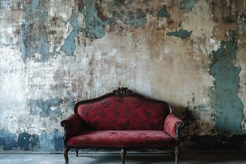 Antique crimson velvet chaise lounge against a rustic aged wall with peeling paint evoking a sense of vintage elegance