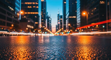 Obraz premium Vibrant City Street at Night with Blurred Car Light Trails and Reflective Wet Asphalt