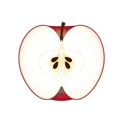 A detailed illustration of a red apple cut in half, revealing its core with seeds and white flesh.