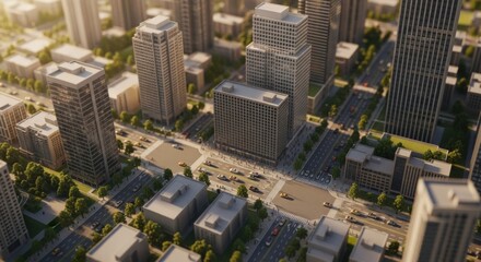 Obraz premium Modern Cityscape Aerial View of Tall Office Buildings and Streets in Downtown Urban Area