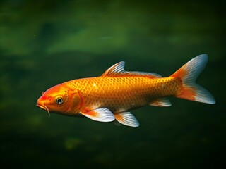 A vibrant orange koi fish swims gracefully in a pond with a dark green, blurred background. The fish has white fins and visible scales.