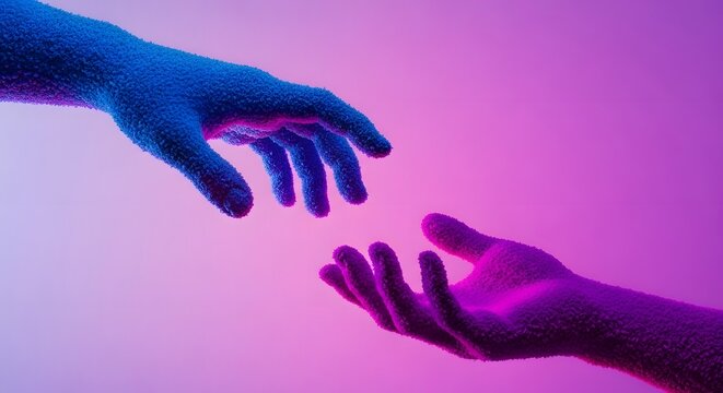 Two textured hands reaching towards each other in a purple and blue gradient illuminated space
