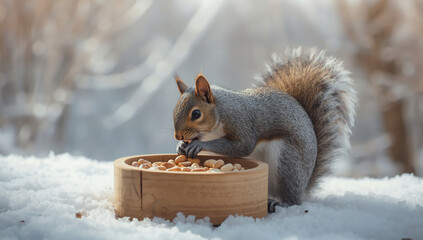 A squirrel eats from an artificial bird feeder in winter.