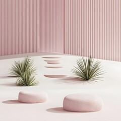Minimalist Pink Sand Dune Scene with Steps and Plants Product Display