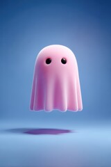 Cute pink ghost character, friendly 3D cartoon creature with fluffy texture floating on blue background