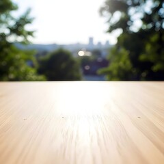 Selective focus.Wood table top counter with beautiful blur big glass wall texture | background 