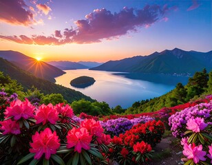 Vibrant sunset over a serene lake nestled in mountains, framed by a hillside of blooming rhododendrons in various shades of pink and purple