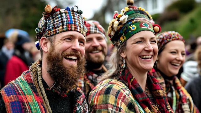 Joyful Scottish people in traditional kilts and patterned hats celebrate heritage with vibrant fashion and community spirit at a festive cultural event, expressing pride and customs with happy smiles.
