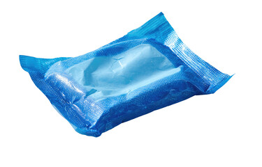 A light-blue candy in plastic wrap