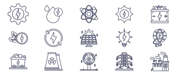 Collection Set of Icons Representing Environmental Themes, Nature, Technology, and Sustainability in Minimalist Outline Style Design