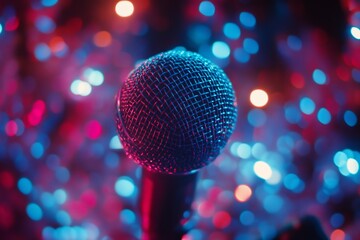 Microphone under vibrant stage lights ready for a captivating performance neon pink and blue bokeh background