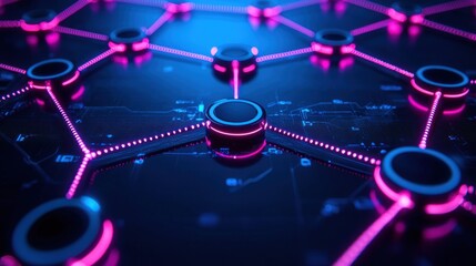 Abstract network of neon pink lines connecting dark futuristic nodes