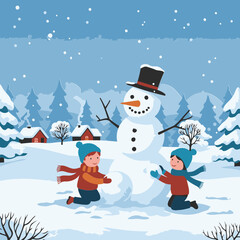 Two children in winter clothing build a snowman in a snowy village setting. Joyful kids in winter hats, scarves, and coats work together to create a snowman on a snowy day in a picturesque village.