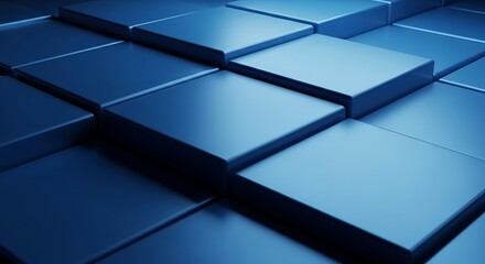 A closeup, abstract view of a metallic blue grid of cubes, showcasing a futuristic, geometric design with sharp edges and reflective surfaces
