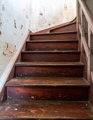 Obraz premium Worn, dark wood staircase ascending, revealing peeling plaster walls