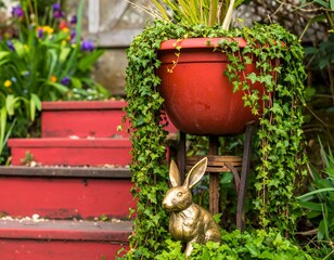 Red steps, decorative planter, rabbit statue, greenery