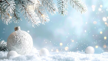 A frosted Christmas tree branch overhangs a snowy scene featuring a large white, patterned ornament and smaller white spheres; soft, glowing lights add to the winter wonderland aesthetic