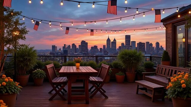 Vibrant July Fourth celebration on a city rooftop garden with American flags and twinkling string lights against a twilight skyline, capturing festive energy