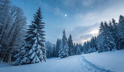 Fototapeta premium This photograph captures a serene winter forest at dusk. Tall, snow-laden evergreen trees dominate the scene, their dark green needles contrasting against the white snow. The sky above is a deep blue,