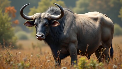 Fototapeta premium The wild bull is a formidable creature with a massive body, powerful muscles, and sharp horns that make it a force to be reckoned with in its natural habitat.