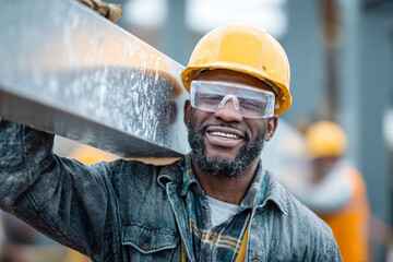a smiling black construction worker in an orange vest and safety glasses is holding up the metal beam he just repaired with his right hand while working on a modern white building interior, 