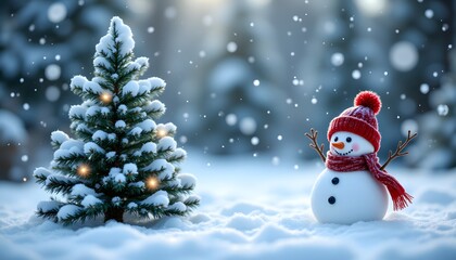 Fototapeta premium An enchanting scene of a snowman next to a snow covered evergreen tree, with delicate snowflakes falling gently around them, evoking a sense of holiday magic and joy.