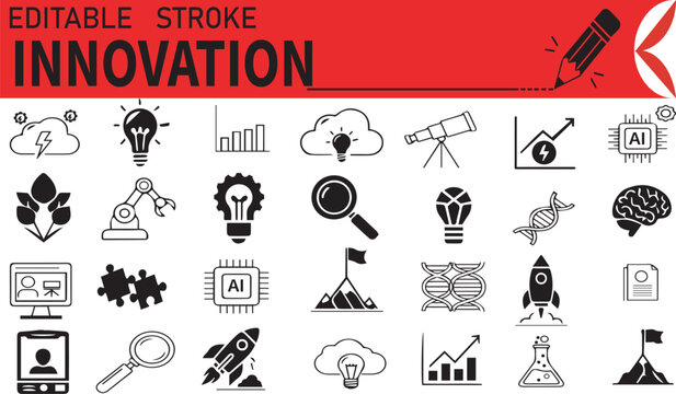 Editable Stroke Innovation Icons – AI, Tech, Robotics, Cloud, Data, DNA, Rocket – Red Header Series