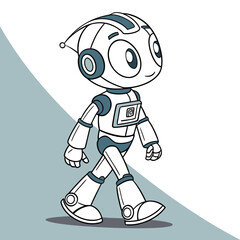 Cartoon illustration of a friendly white robot walking on a blue background