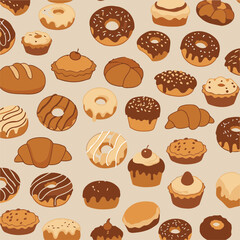 Bakery pastries and treats displayed as a seamless pattern. Various sweet baked goods including donuts, croissants, muffins, pies, and breads on a beige background.
