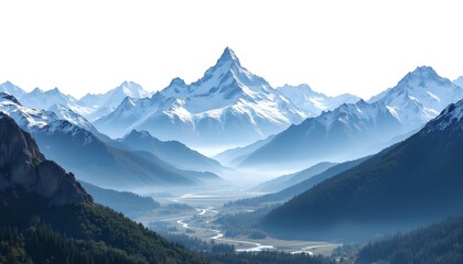 Fototapeta premium A breathtaking aerial view of the majestic Himalayan landscape, featuring snow capped peaks, deep valleys, winding rivers, and lush forests, all set against a pristine white background.