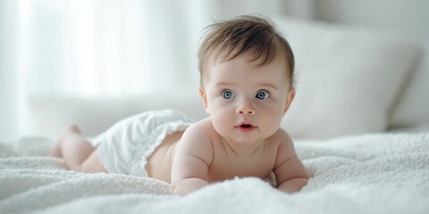 A joyful baby in a diaper, crawling on a soft bed, radiating innocence and charm in a serene setting with ample natural light.