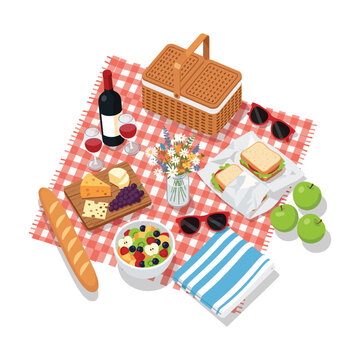 Cheerful Summer Picnic:  Red Gingham Blanket, Wine, Food, and Sunglasses.