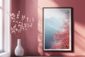 Serene Pink Blossom Framed Print A Peaceful Mountain Lake Scene with Delicate Cherry Blossoms in Soft Light Perfect for