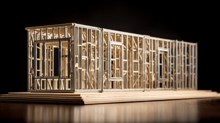 Architectural Blueprint Model: An intricate architectural model showcasing a detailed wooden house frame, emphasizing the structural framework of a dwelling.