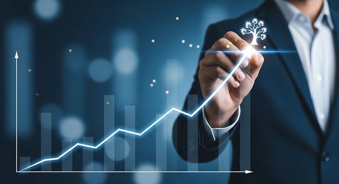 Businessman drawing upward trending graph with digital data points and key icon