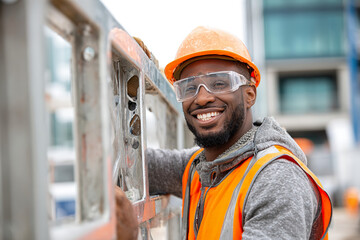 a smiling black construction worker in an orange vest and safety glasses is holding up the metal beam he just repaired with his right hand while working on a modern white building interior, 