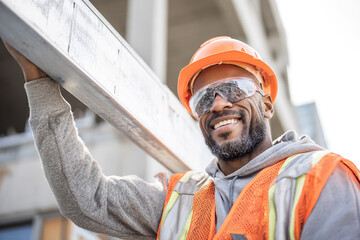 a smiling black construction worker in an orange vest and safety glasses is holding up the metal beam he just repaired with his right hand while working on a modern white building interior, 
