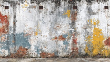 Aged wall shows peeling paint layers with dark marks, holes and fading colors