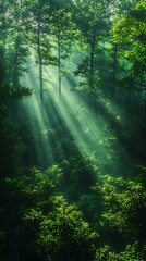 Obraz premium Sunbeams piercing through dense forest canopy wallpaper