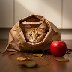 Naklejka premium cat in a box.A brown tabby cat lies hiding in a paper grocery bag