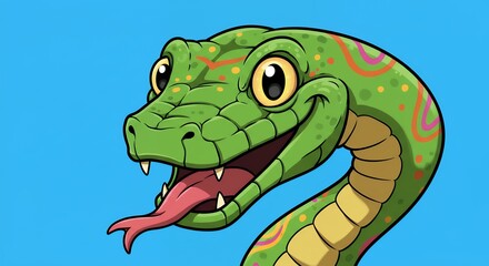 Fototapeta premium Cartoon illustration of a green snake with a blue background