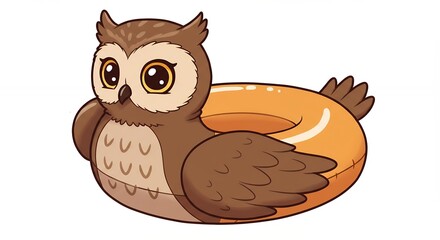 Cartoon owl floating in an orange pool ring isolated on white background