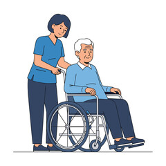 Smiling caregiver assisting senior man in wheelchair, line art style.