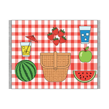 Summer Picnic Basket:  Red Gingham Blanket, Watermelon, Strawberries, Drinks.