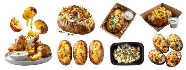 Set of jacket baked skinned potato potatoes, filled with cheese butter cream topping garnish, sliced halved broken, takeaway paper plastic box, transparent cutout PNG. Many different style. Mockup