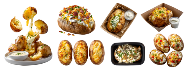 Set of jacket baked skinned potato potatoes, filled with cheese butter cream topping garnish, sliced halved broken, takeaway paper plastic box, transparent cutout PNG. Many different style. Mockup